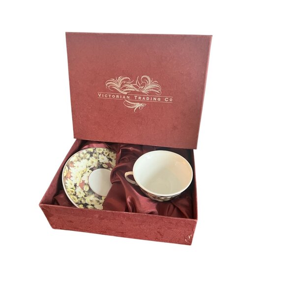 Victorian Trading Co July Teacup & Saucer Set Floral Design Bone China With Box - Picture 2 of 16